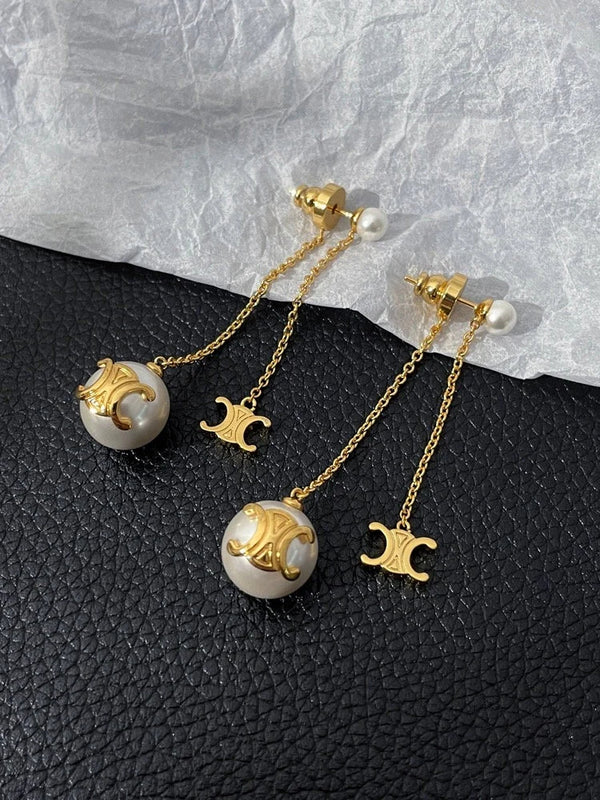 Pearl Dangle & Drop Earrings in 18k Gold with Stunning CC Logo, Freshwater Pearls. Triomphe Paris!