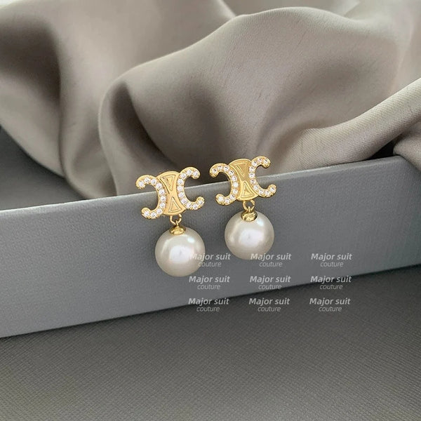 Pearl Earrings in 18k Gold with Stunning CC Logo, Designer Earrings, Triomphe Paris!