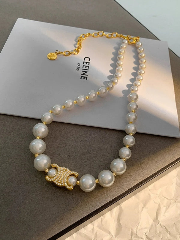 Pearl Necklace/Bracelet in 18k Gold with Gold CC, Vintage Luxury Gold Necklace, Freshwater Pearls, Triomphe Paris! FREE Gift Box! Additional 50% off at checkout!